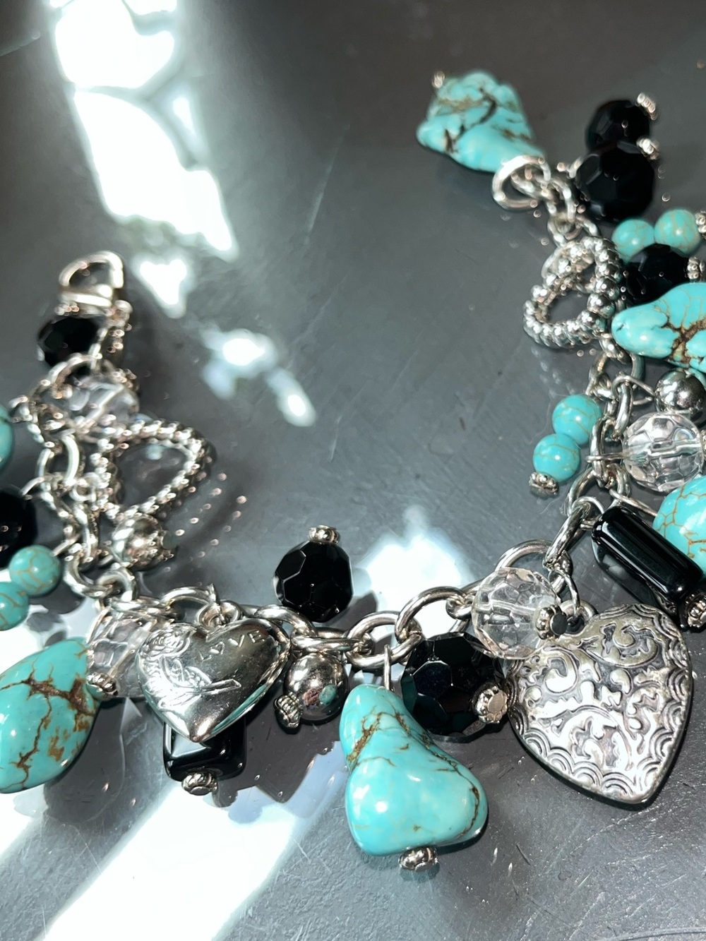 Turquoise & Black Heart Charm Bracelet - Silver Tone 6-7.5